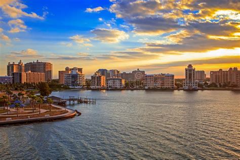 Skyline Of Sarasota Bay At Sunrise Stock Photo Image Of Gazebo Trees