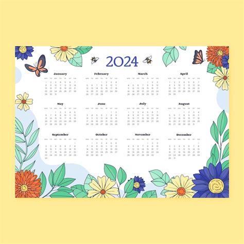 Modello Di Calendario 2024 Disegnato A Mano Con Fiori E Insetti