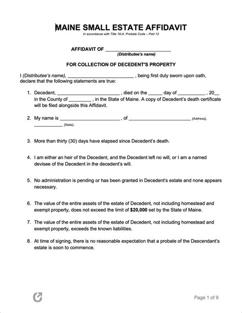 Free Maine Small Estate Affidavit Form Pdf Word