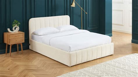 Lit coffre 160x200 en tissu bouclé beige avec tête de lit sommier à