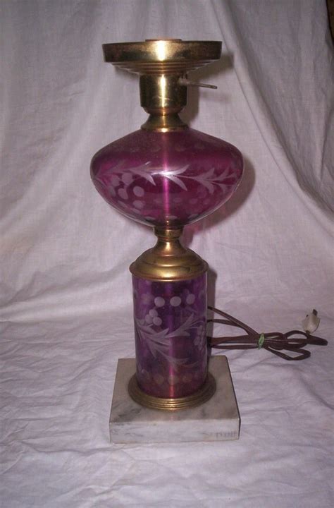 Vintage Cranberry Glass Etched Lamp Light