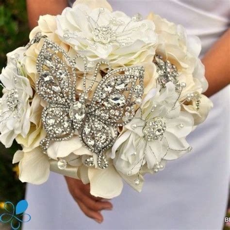 Rhinestone Butterfly And Brooches On Ivory Silk Flowers Bouquet