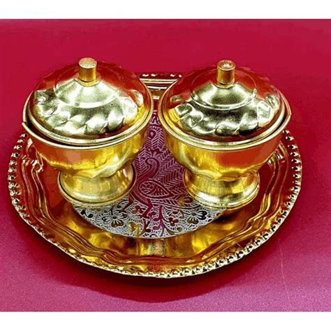 Traditional Brass Pooja Plate With Kumkum Box For Temple Golden At Rs