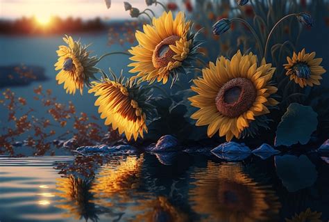 Premium Photo Yellow Sunflowers With Reflection In Water Excellent Summer Flowers Background