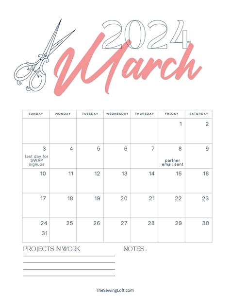 March Printable Calendar - The Sewing Loft