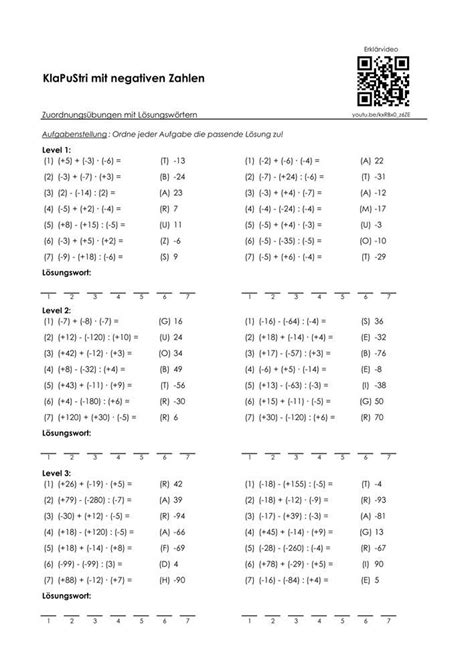 KlaPuStri mit negtiven Zahlen Zuordnungsübungen mit Lösungswörtern
