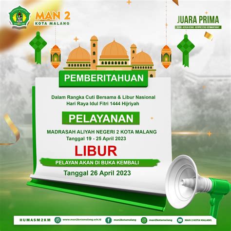 Pemberitahuan Pelayanan Man 2 Kota Malang Cuti Bersama Dan Libur Nasional Hari Raya Idul Fitri