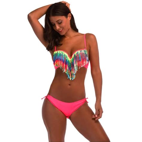 Women Push Up Bra Beach Tassel Bikini Set Swimsuit Swimwear Female