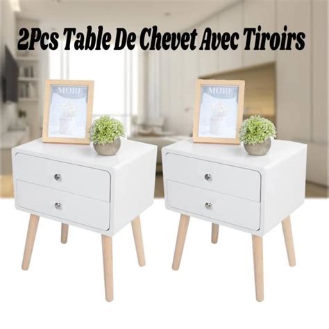 Table De Chevet Blanc Pcs Avec Tiroirs Coulissants En Bois Pour