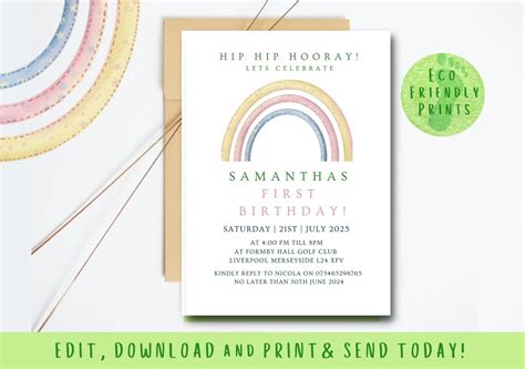 Editable Rainbow Birthday Invitation Printable Rainbow Etsy