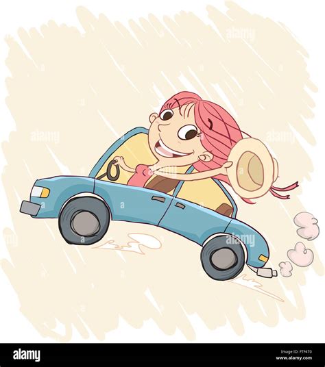 Cartoon happy girl driving a car and waving hat Stock Vector Image ...