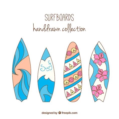 Free Vector Hand Drawn Surfboards With Waves And Flowers