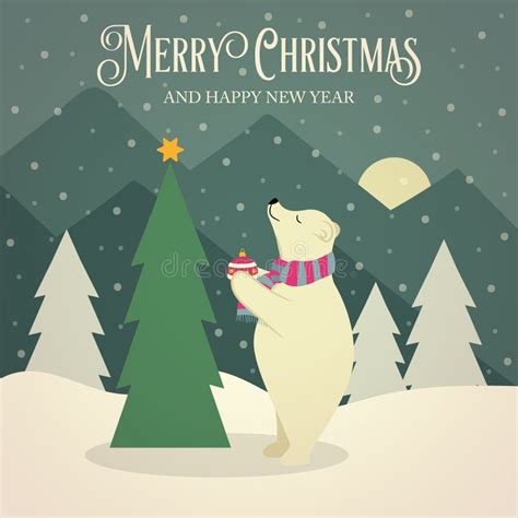 Beautiful Retro Christmas Card With Polar Bear And Christmas Tree Stock