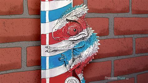 Cartoon Chameleon Hiding on a Barber Pole – Freelance Fridge- Illustration & Character Development