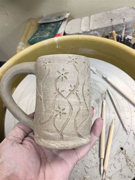 Greenware With Hand Carved Flowers Ceramics Pottery Mugs Ceramics