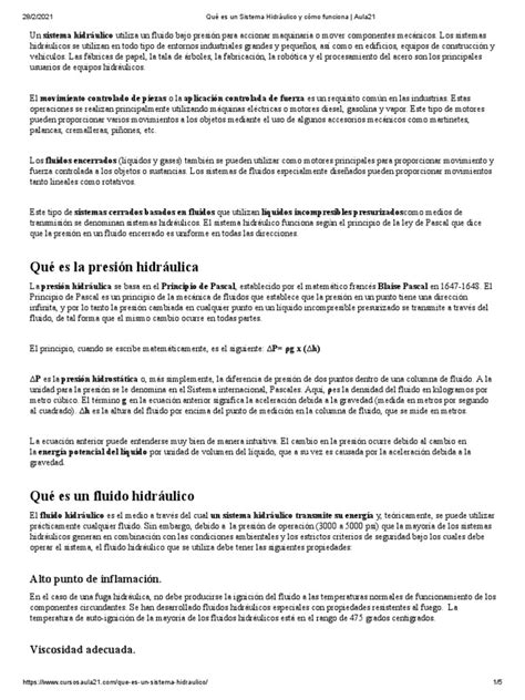 Qué Es Un Sistema Hidráulico Y Cómo Funciona Aula21 Pdf Solenoide