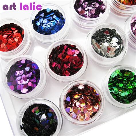 12 Colors Nail Art Glitter Heart Shapes Confetti Sequins Acrylic Tips