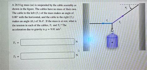 Solved A 28 9 Kg Mass M Suspended By Ihe Cable Assembly Shown The Figure The Cables Have No