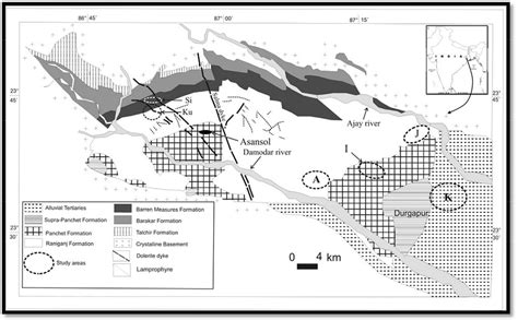 Geological map of Raniganj coal basin (after Gee, 1932; GSI, 2003). The ...