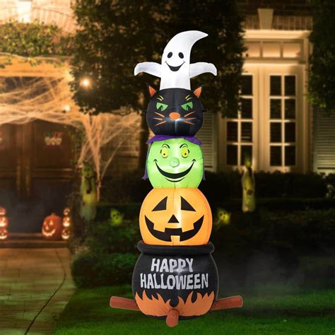 Glitzhome 8 Ft Lighted Halloween Inflatable Stacked Ghost Black Cat