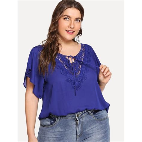 Plus Flutter Sleeve Lace Applique Tie Neck Top Blue Tie Neck Tops