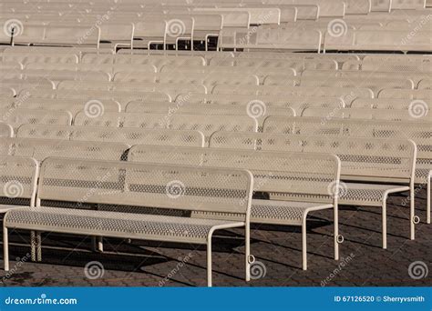 Empty Outdoor Audience Benches In Rows Left Stock Photo Image Of