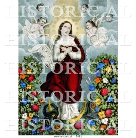 Historical Illustration Of Virgin Mary With Angels Snake And Flowers