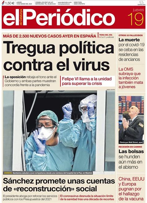 La portada de EL PERIÓDICO del 19 de marzo del 2020