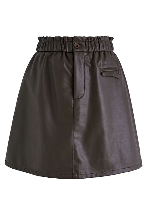 Elastic Waist Faux Leather Mini Skirt In Brown Retro Indie And