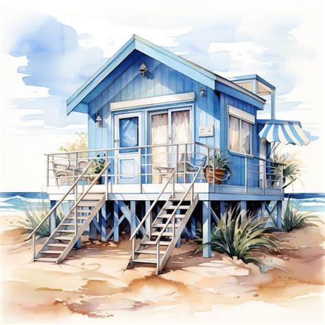 Premium Photo Watercolor Beach Hut Or Beach House Watercolor Ilustration