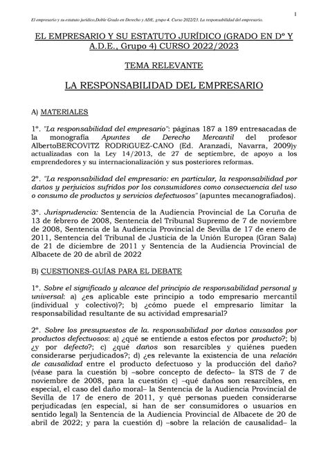 Tema Relevante El Empresario Y Su Estatuto Juridico El