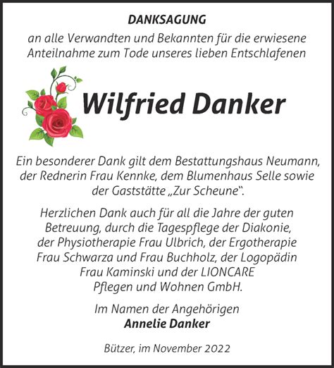 Traueranzeigen von Wilfried Danker Märkische Onlinezeitung Trauerportal