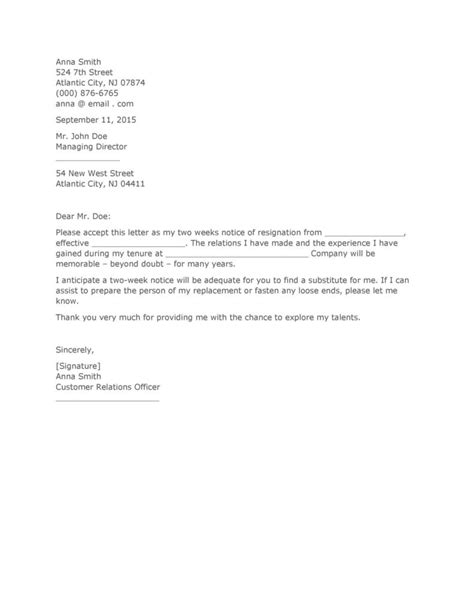 Two Weeks Notice Letters Resignation Letter Templates