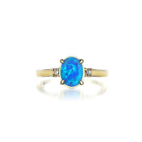 Oval Cut Blue Opal Birthstone Ring K Gold Finish Art Deco Opal