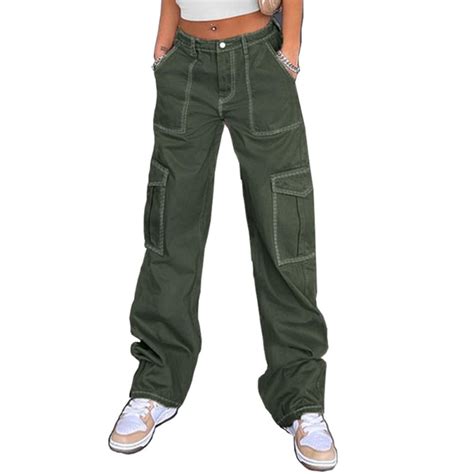 High Waist Stretch Cargo Pants Women Baggy Multiple Pockets Relaxed Fit Straight Wide Leg Pants