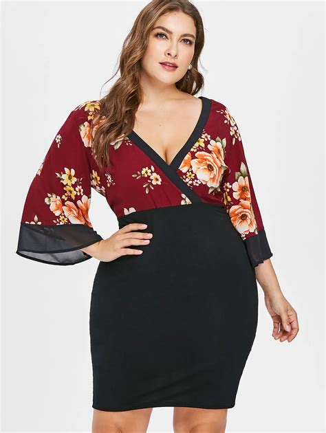 Wipalo Plus Size Women 34 Bell Sleeve Dress Fall Plunging Neck Low Cut Floral Bodycon Dresses