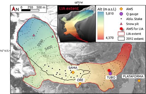 Zongo Glacier (16° 15 S, 68° 10 W) showing its monitoring network. The... | Download Scientific ...