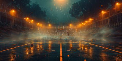 A Person Stands On A Basketball Court At Night In The Rain Under Car