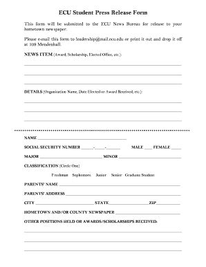 Ecu Student Press Release Form Ecu Fill Out And Sign Printable Pdf