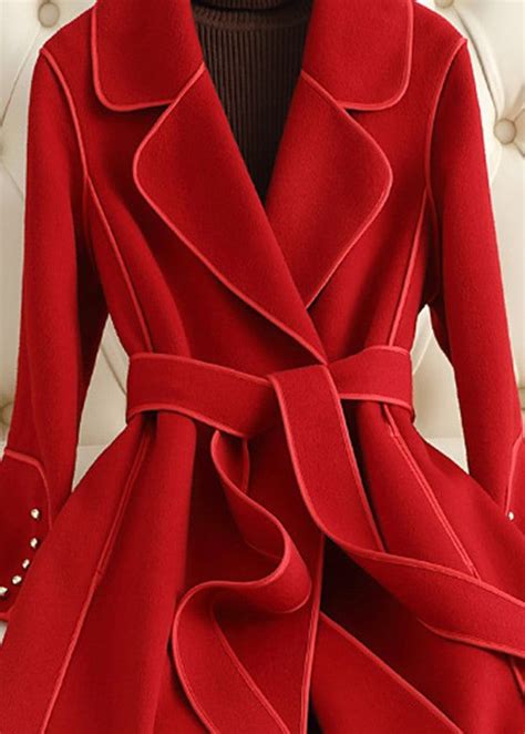 Beautiful Red Notched Tie Waist Woolen Long Coats Fall Kleidung