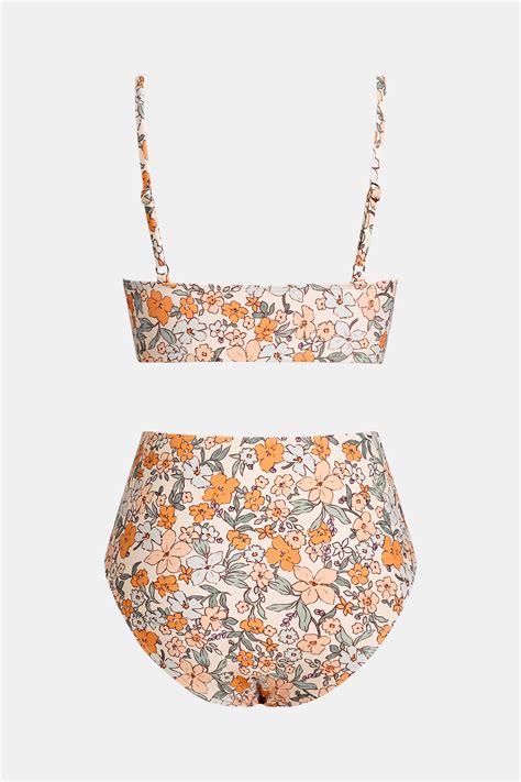 Floral Print Twist Bralette Spliced High Waist Bikini Set