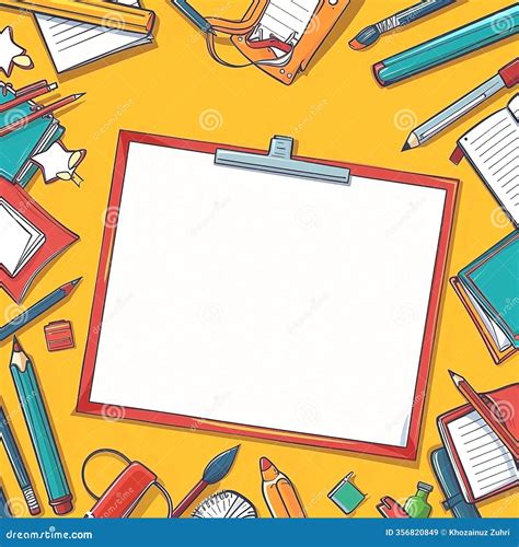 cartoon school supplies background  central blank white sheet