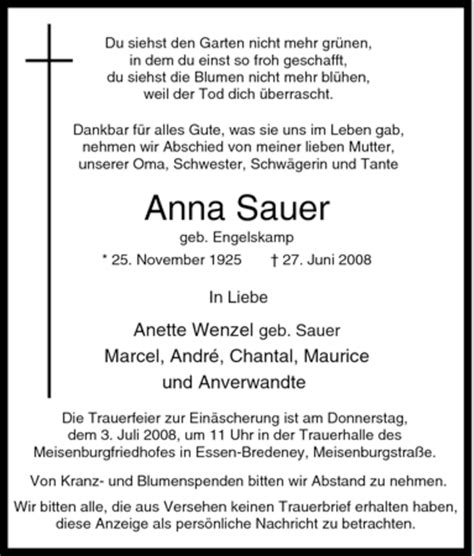 Traueranzeigen Von Anna Sauer Trauer In Nrw De