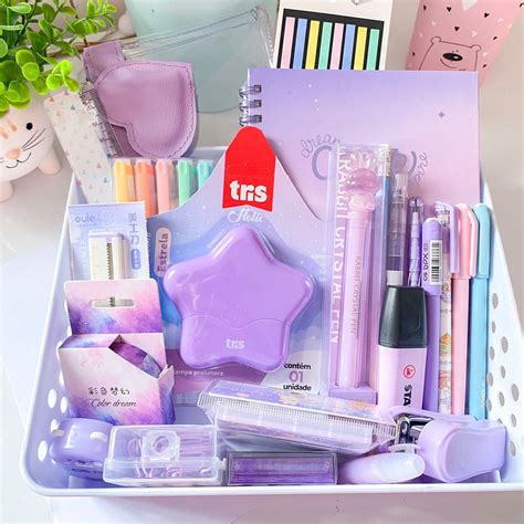 Kit de Papelaria Completo Lilás e Roxo 24 Itens Material Escolar Fofo