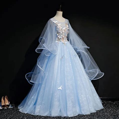 Light Blue Butterfly 3d Embroidery Ball Gown Cartoon Vintage Medieval