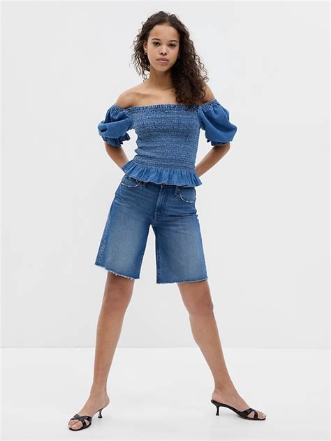 Puff Sleeve Denim Smocked Peplum Top Gap