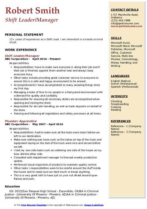 Shift Lead Resume Samples Qwikresume