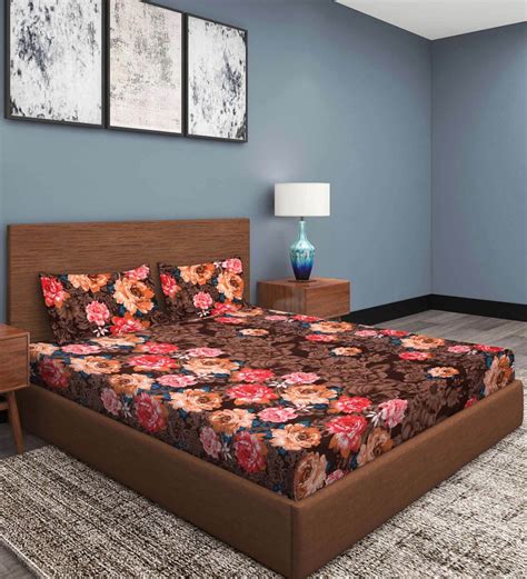 Buy Brown Floral 210 Tc Cotton King Sized Bed Sheets With 2 Pillow