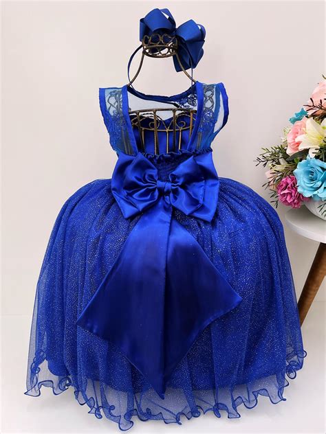 Vestido Infantil Azul Royal Renda Tule C Brilho Damas Luxo Rosa