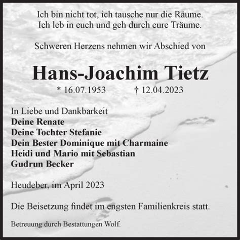 Traueranzeigen Von Hans Joachim Tietz Abschied Nehmen De